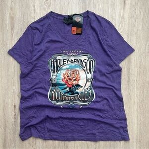 Y2K Harley Davidson Rose Graphic Purple V Neck T Shirt Womens Large Biker Retro
